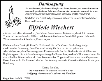 Traueranzeige von Elfriede Wiechert von Ostthüringer Zeitung