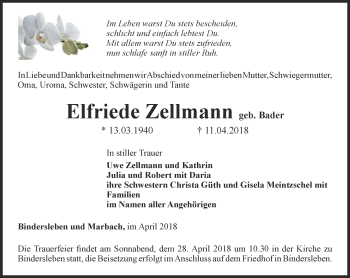 Traueranzeige von Elfriede Zellmann von Thüringer Allgemeine, Thüringische Landeszeitung