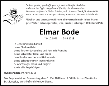 Traueranzeige von Elmar Bode von Thüringer Allgemeine