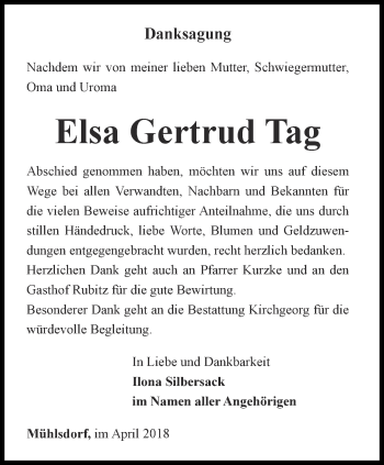 Traueranzeige von Elsa Gertrud Tag