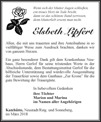 Traueranzeige von Elsbeth Lipfert von Ostthüringer Zeitung