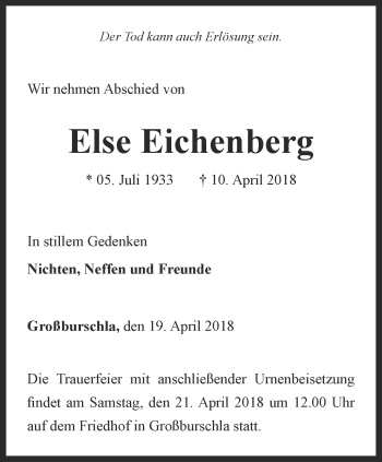 Traueranzeige von Else Eichenberg von Thüringer Allgemeine, Thüringische Landeszeitung