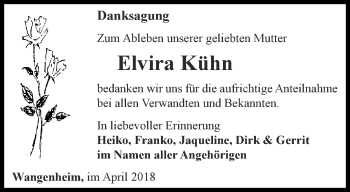 Traueranzeige von Elvira Kühn von Ostthüringer Zeitung, Thüringische Landeszeitung