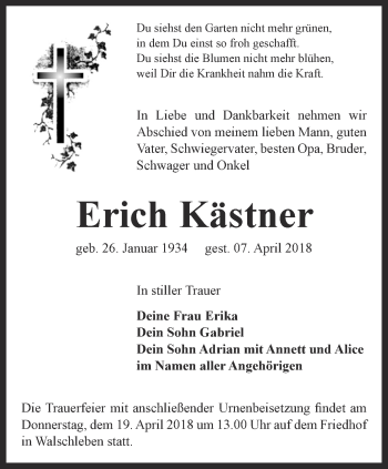 Traueranzeige von Erich Kästner von Thüringer Allgemeine, Thüringische Landeszeitung