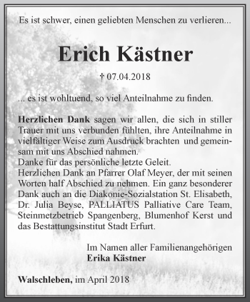 Traueranzeige von Erich Kästner von Thüringer Allgemeine, Thüringische Landeszeitung