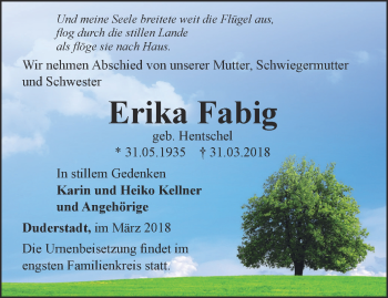 Traueranzeige von Erika Fabig von Thüringer Allgemeine