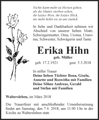 Traueranzeige von Erika Hihn von Thüringer Allgemeine, Thüringische Landeszeitung