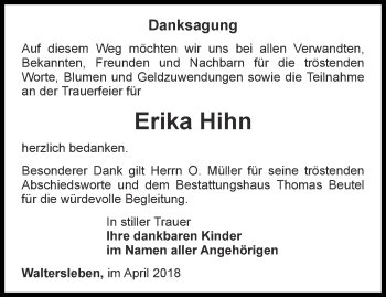 Traueranzeige von Erika Hihn von Thüringer Allgemeine, Thüringische Landeszeitung