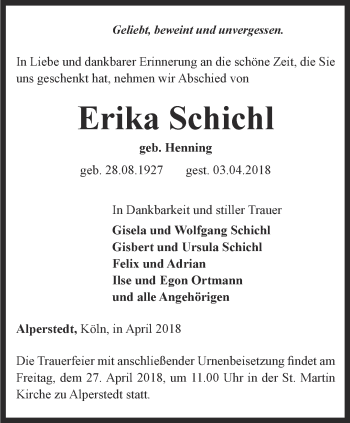 Traueranzeige von Erika Schichl von Thüringer Allgemeine, Thüringische Landeszeitung