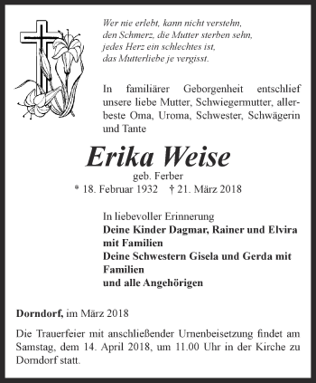 Traueranzeige von Erika Weise von Ostthüringer Zeitung, Thüringische Landeszeitung