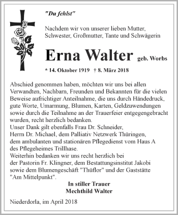 Traueranzeige von Erna Walter von Thüringer Allgemeine, Thüringische Landeszeitung
