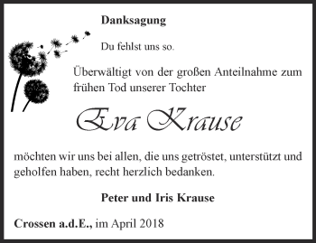 Traueranzeige von Eva Krause von Ostthüringer Zeitung