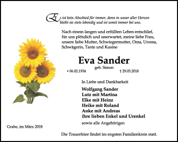 Traueranzeige von Eva Sander von Thüringer Allgemeine, Thüringische Landeszeitung