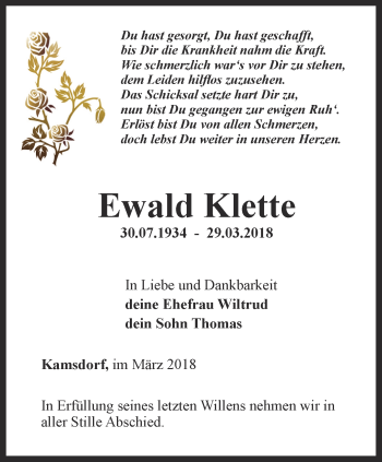 Traueranzeige von Ewald Klette von Ostthüringer Zeitung