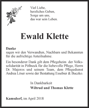 Traueranzeige von Ewald Klette von Ostthüringer Zeitung