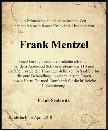 Traueranzeige von Frank Mentzel von Ostthüringer Zeitung