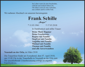 Traueranzeige von Frank Schille