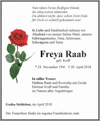 Traueranzeige von Freya Raab von Ostthüringer Zeitung, Thüringische Landeszeitung