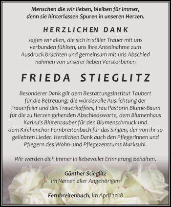 Traueranzeige von Frieda Stieglitz von Thüringer Allgemeine, Thüringische Landeszeitung