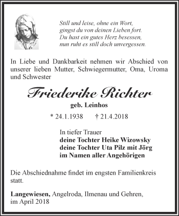 Traueranzeige von Friederiki Richter von Thüringer Allgemeine