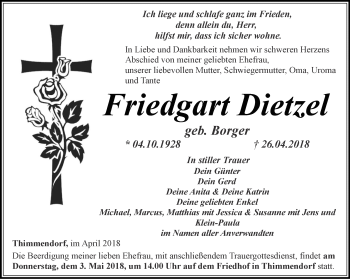 Traueranzeige von Friedgart Dietzel von Ostthüringer Zeitung