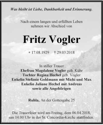 Traueranzeige von Fritz Vogler von Thüringer Allgemeine, Thüringische Landeszeitung