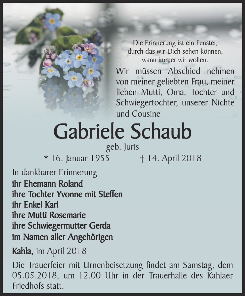  Traueranzeige für Gabriele Schaub vom 21.04.2018 aus Ostthüringer Zeitung, Thüringische Landeszeitung