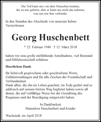 Traueranzeige von Georg Huschenbett von Thüringer Allgemeine