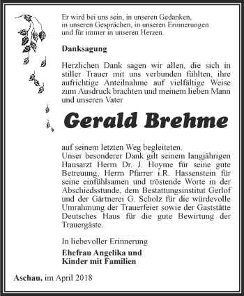 Traueranzeige von Gerald Brehme von Ostthüringer Zeitung