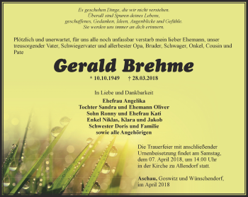 Traueranzeige von Gerald Brehme von Ostthüringer Zeitung