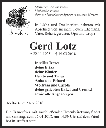 Traueranzeige von Gerd Lotz von Thüringer Allgemeine, Thüringische Landeszeitung