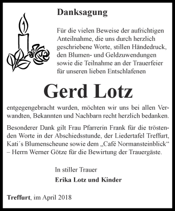 Traueranzeige von Gerd Lotz von Thüringer Allgemeine, Thüringische Landeszeitung