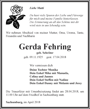 Traueranzeige von Gerda Fehring von Thüringer Allgemeine