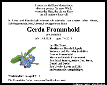 Traueranzeige von Gerda Frommhold von Ostthüringer Zeitung