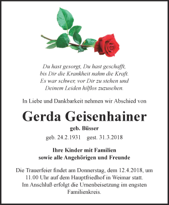 Traueranzeige von Gerda Geisenhainer von Thüringer Allgemeine, Thüringische Landeszeitung