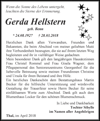 Traueranzeige von Gerda Hellstern von Thüringer Allgemeine, Thüringische Landeszeitung