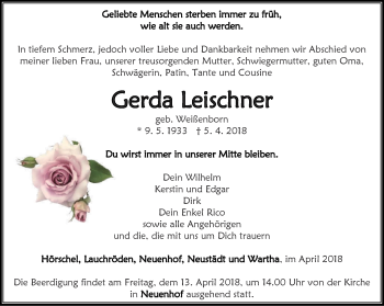 Traueranzeige von Gerda Leischner von Thüringer Allgemeine, Thüringische Landeszeitung