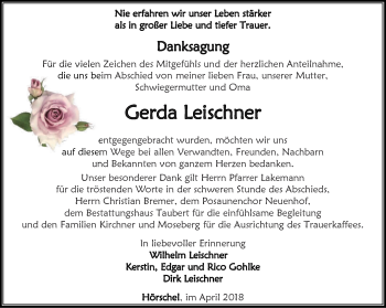 Traueranzeige von Gerda Leischner von Thüringer Allgemeine, Thüringische Landeszeitung