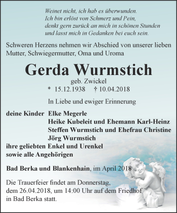 Traueranzeige von Gerda Wurmstich von Thüringer Allgemeine, Thüringische Landeszeitung