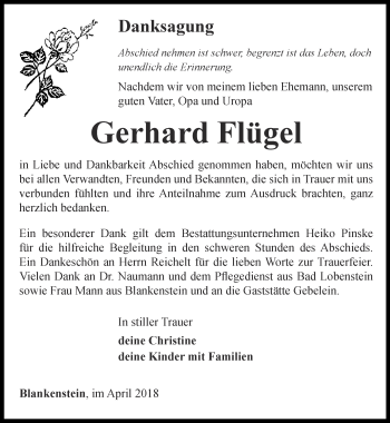 Traueranzeige von Gerhard Flügel von Ostthüringer Zeitung