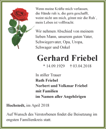 Traueranzeige von Gerhard Friebel von Thüringer Allgemeine, Thüringische Landeszeitung