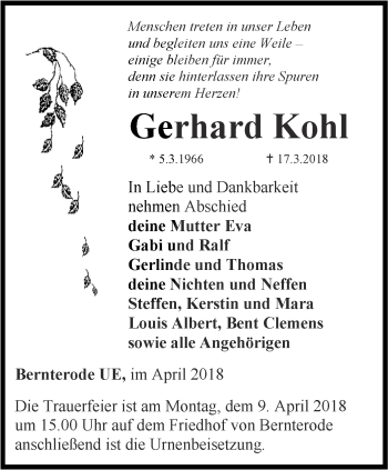 Traueranzeige von Gerhard Kohl von Thüringer Allgemeine