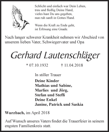 Traueranzeige von Gerhard Lautenschläger von Ostthüringer Zeitung
