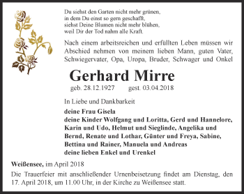 Traueranzeige von Gerhard Mirre von Thüringer Allgemeine