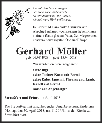 Traueranzeige von Gerhard Möller von Thüringer Allgemeine