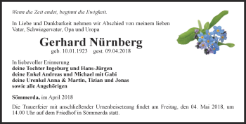 Traueranzeige von Gerhard Nürnberg von Thüringer Allgemeine
