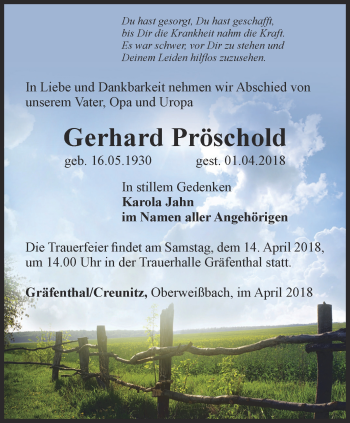 Traueranzeige von Gerhard Pröschold von Ostthüringer Zeitung