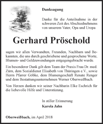 Traueranzeige von Gerhard Pröschold von Ostthüringer Zeitung