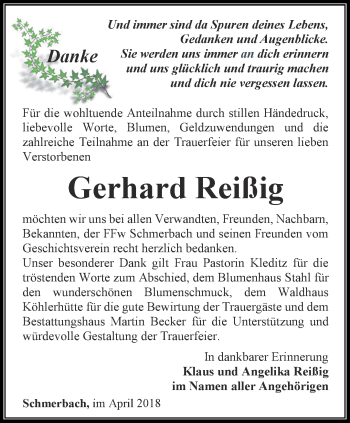 Traueranzeige von Gerhard Reißig von Ostthüringer Zeitung, Thüringische Landeszeitung