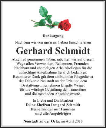 Traueranzeige von Gerhard Schmidt von Ostthüringer Zeitung